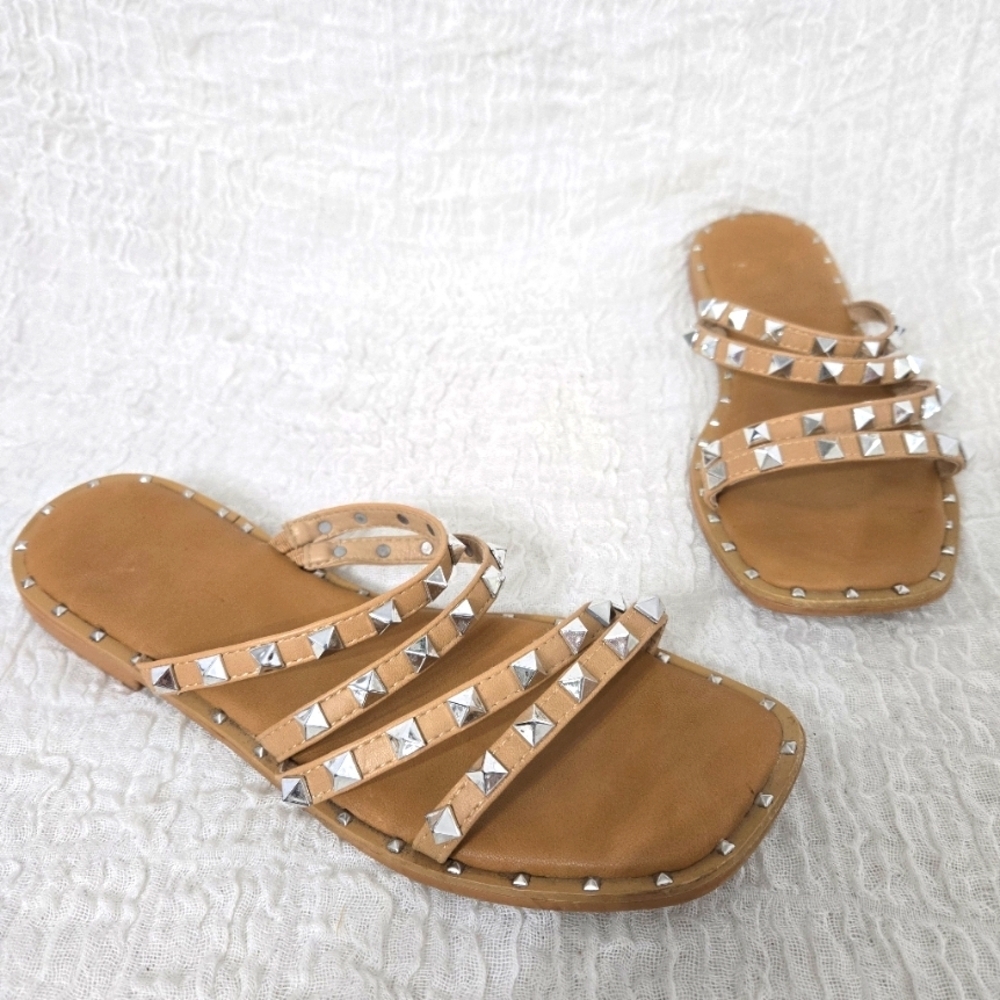 Nicole Miller Sandals‎ Womens Tan Studded Strappy Slide Flats Comfort Sz 8.5
